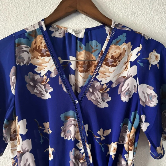 Wrap Top Blue Maximalist Floral Waist Tie Belt Sienna Sky Small Women’s Ruffle - Picture 2 of 14